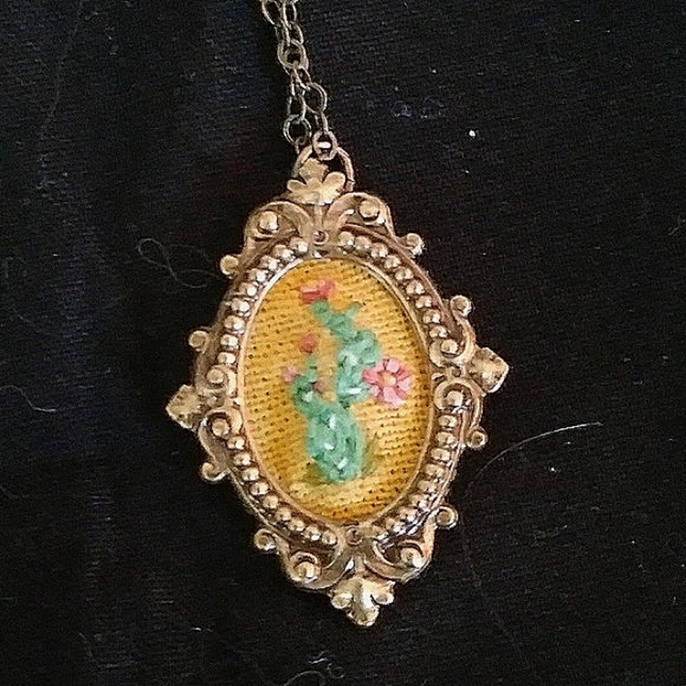 SALE! Poppy & Fern vintage brass necklace,embroidery charm prickly pear cacti